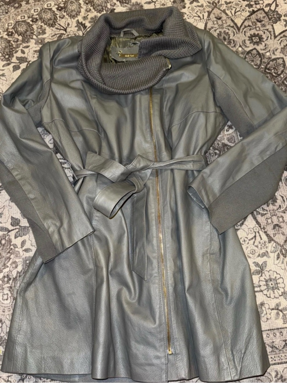Women’s Gray Leather Trench Coat with Knit Collar